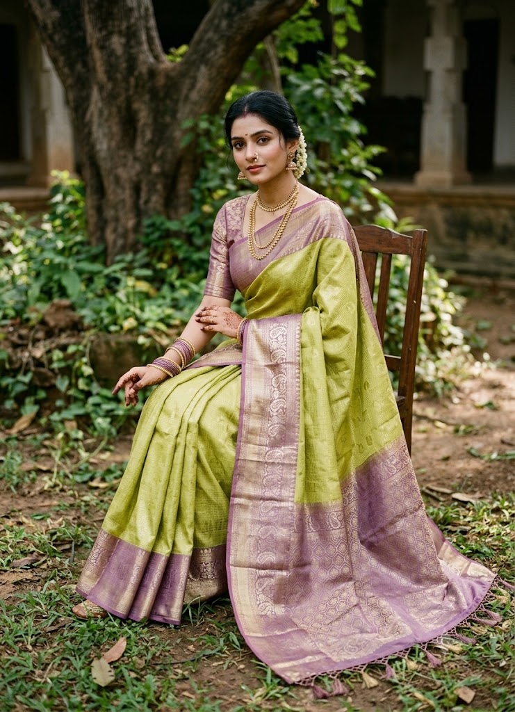 A graceful Indian woman seated in a lush traditional garden, wearing an elegant lime green and lavender semi Dharmavaram silk saree with intricate silver-gold zari borders and a rich brocade pallu