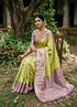 A graceful Indian woman seated in a lush traditional garden, wearing an elegant lime green and lavender semi Dharmavaram silk saree with intricate silver-gold zari borders and a rich brocade pallu