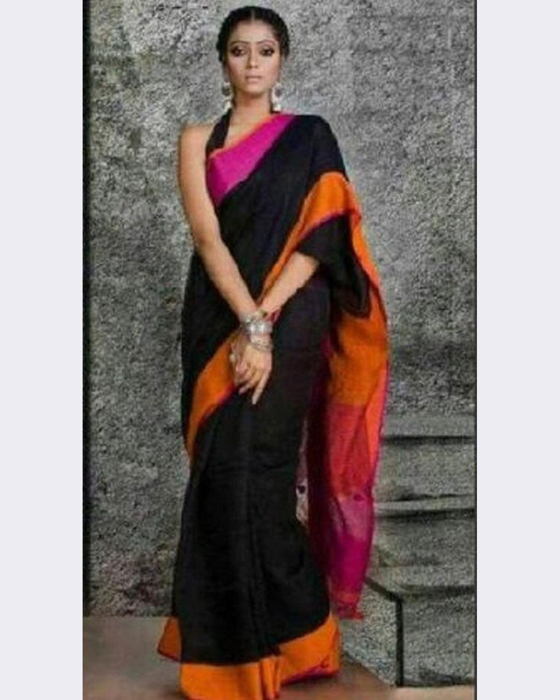 LINEN COTTON BLACK WITH YELLOW & PINK BORDER COLOR SAREE - pochampallysarees.com