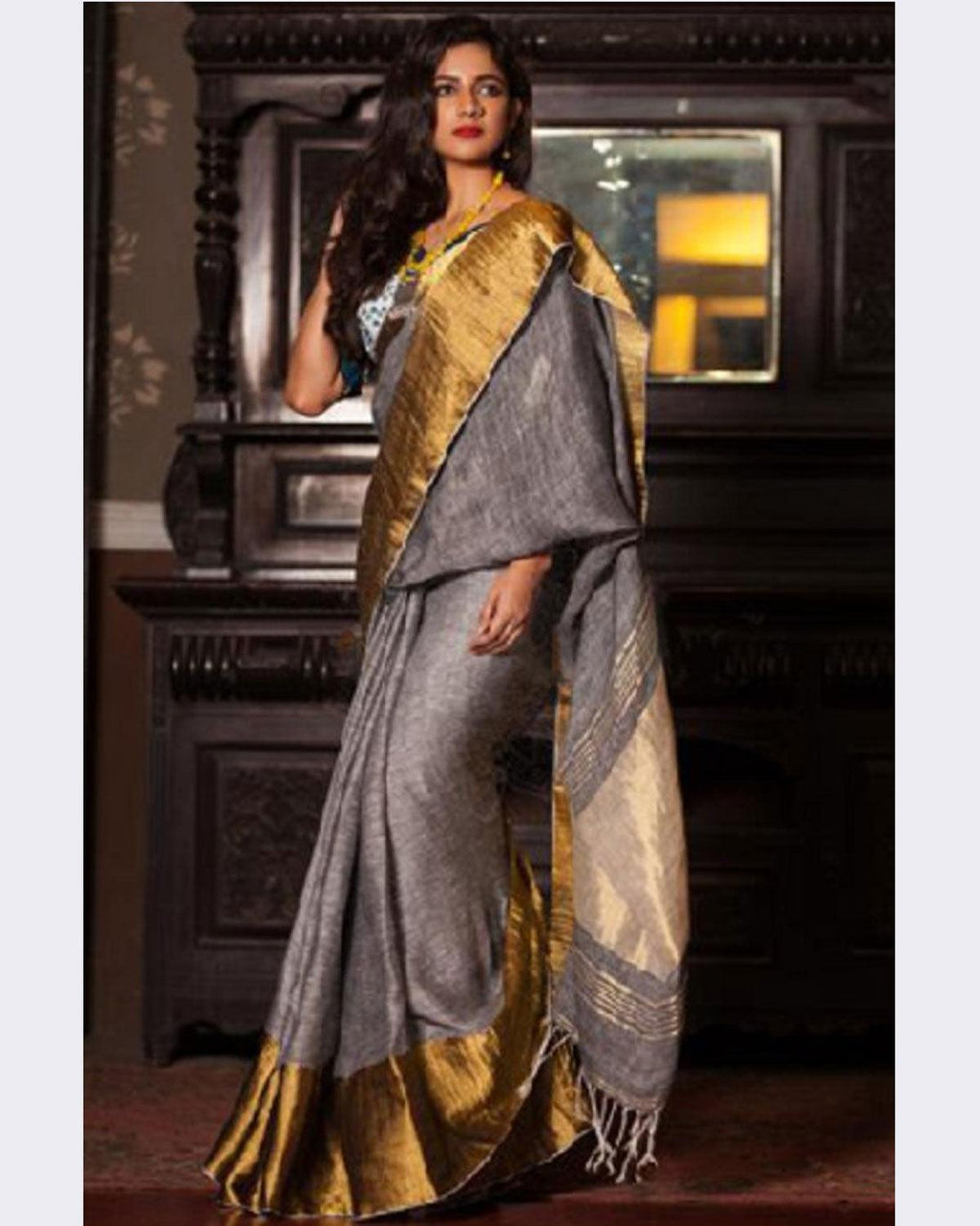 LINEN COTTON GRAY COLOR SAREE - pochampallysarees.com