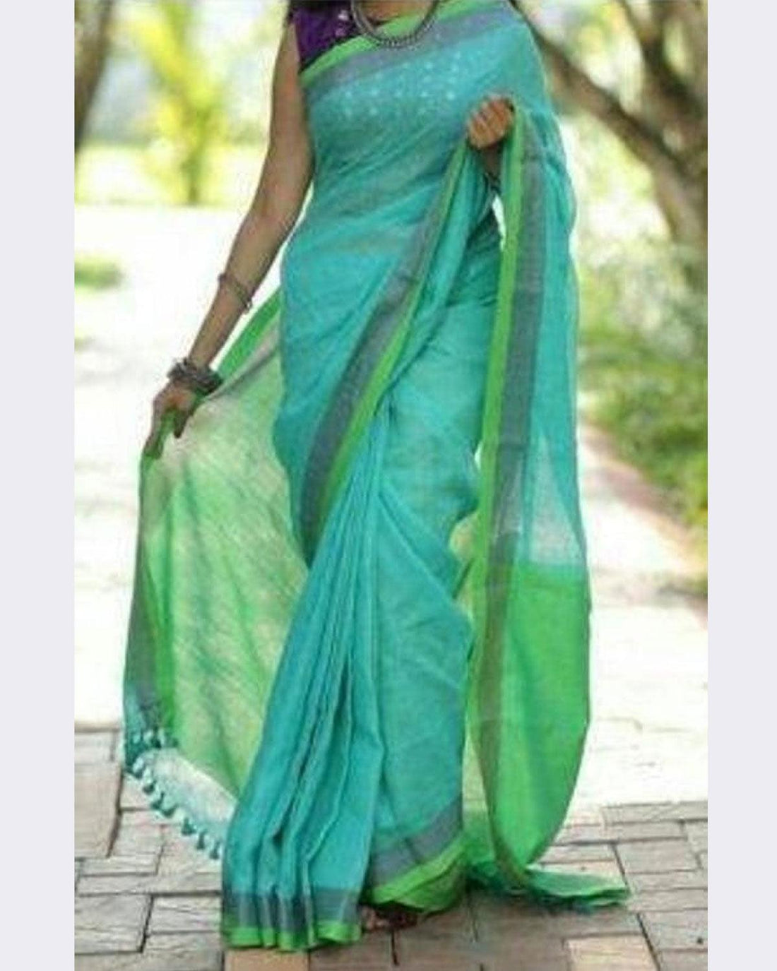 LINEN COTTON SEA GREEN COLOR SAREE - pochampallysarees.com
