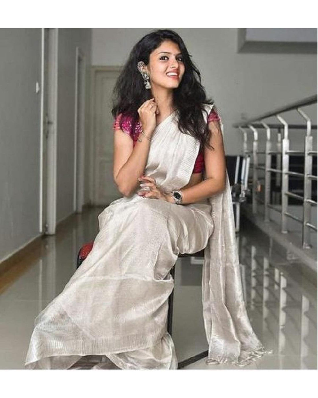 LINEN COTTON SILVER TISSUE SAREE - pochampallysarees.com