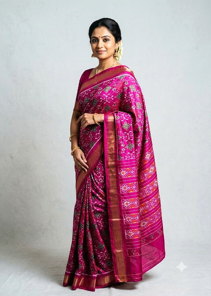Indian woman wearing magenta Ikkat silk Patola saree with zari border, front studio shot on neutral grey backdrop.