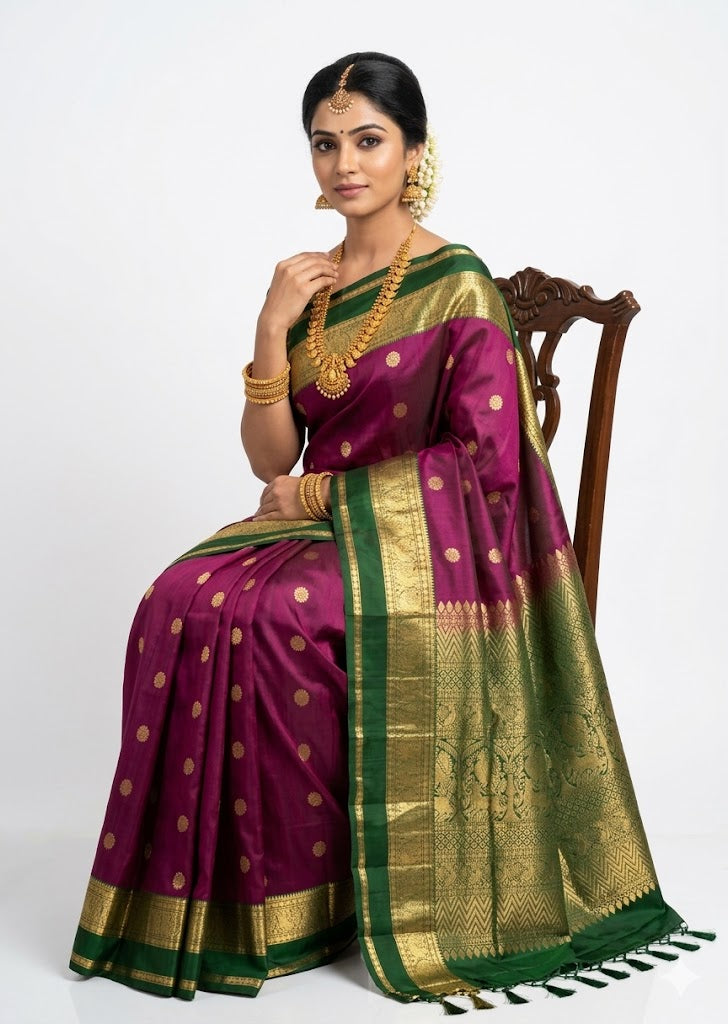 Close up of a pure magenta Kanchipuram pattu saree with gold zari round motifs and a dark green border.