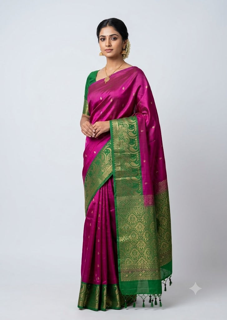 Traditional Indian woman wearing a magenta pink silk saree with contrast green gold zari border and matching green blouse