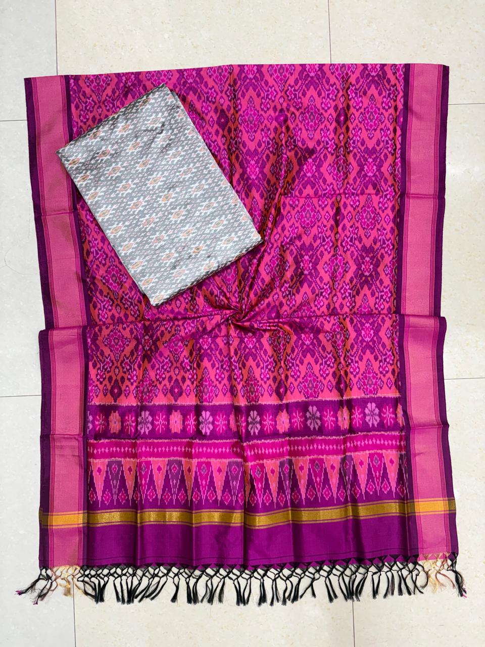 Handloom magenta pink pure Pochampally Ikat silk saree with geometric weave pallu and contrast grey blouse piece
