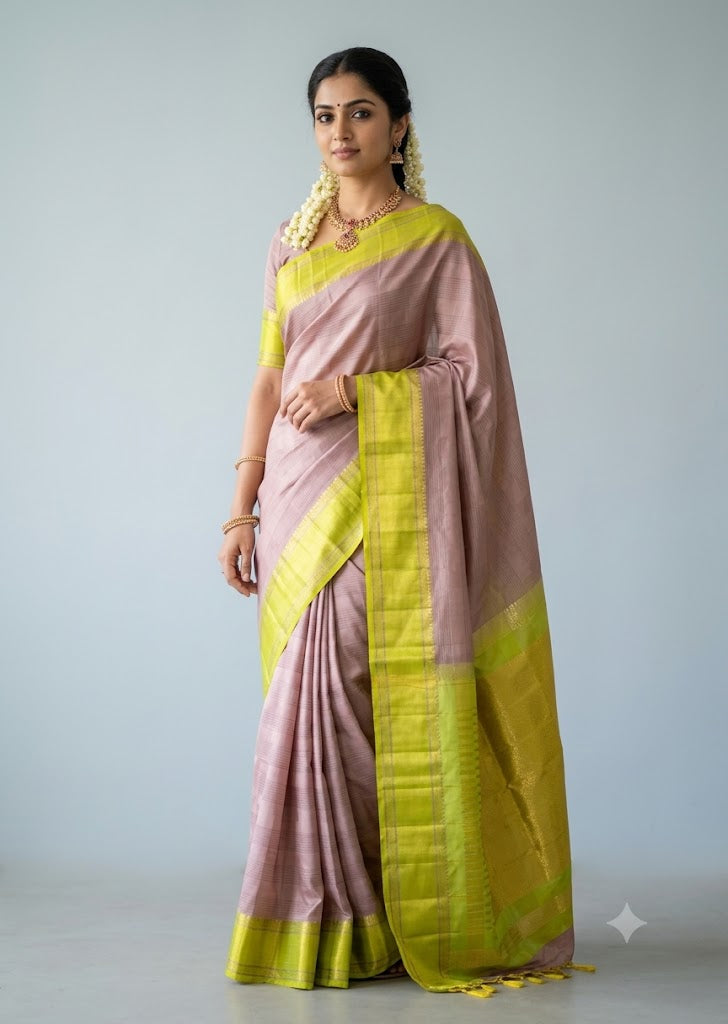 Beautiful Indian model wearing a traditional mauve pink and lime green silk saree with gold zari border against a light grey background