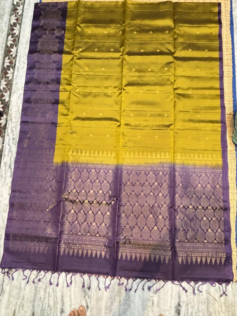 Mustard olive green Kanchipuram soft silk saree with contrast royal purple zari pallu and Silk Mark certification