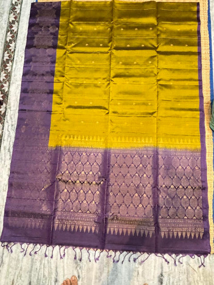 Mustard olive green Kanchipuram soft silk saree with contrast royal purple zari pallu and Silk Mark certification