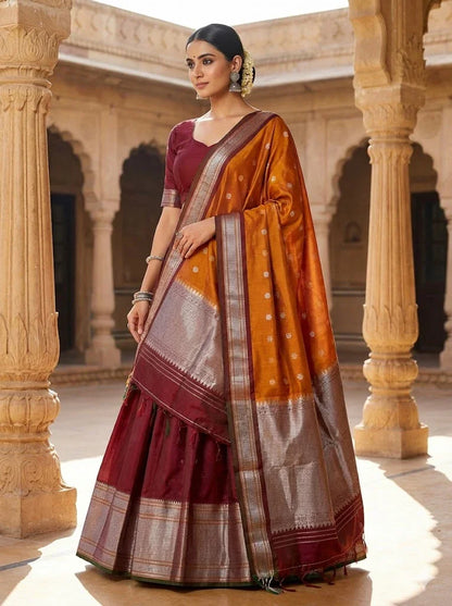 Handwoven Gadwal Silk Dupatta in Mustard Gold with Silver Zari Temple Border - pochampallysarees.com