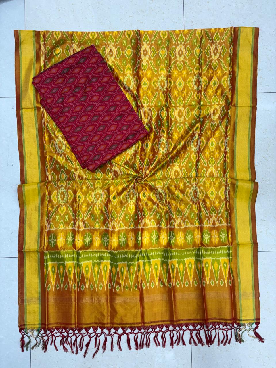 Handloom mustard yellow pure Pochampally Ikat silk saree with geometric weave pallu and contrast maroon blouse piece