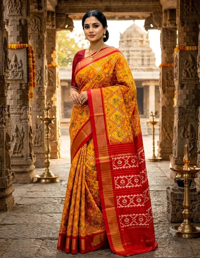 Full length view of an authentic mustard yellow Pochampally Ikkat silk saree featuring a diamond geometric body and a rich maroon zari pallu.