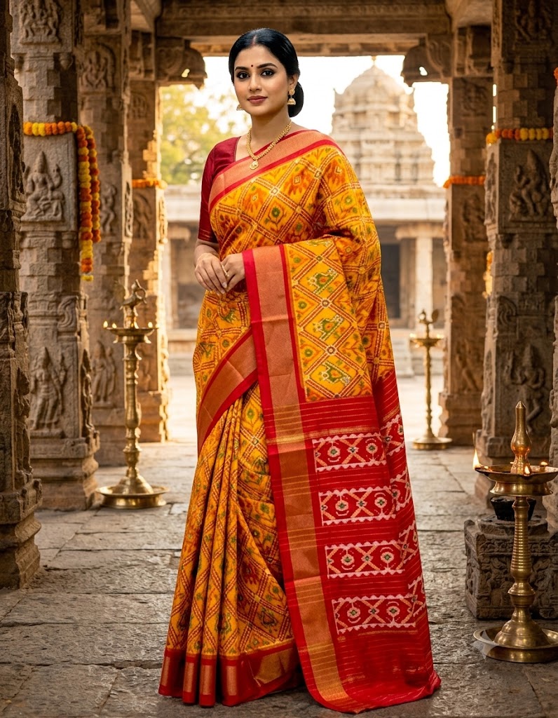 Full length view of an authentic mustard yellow Pochampally Ikkat silk saree featuring a diamond geometric body and a rich maroon zari pallu.