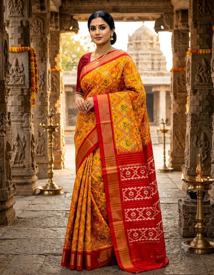 Full length view of an authentic mustard yellow Pochampally Ikkat silk saree featuring a diamond geometric body and a rich maroon zari pallu.