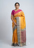 Woman modeling a mustard yellow silk saree with a broad grey and gold zari border and magenta blouse
