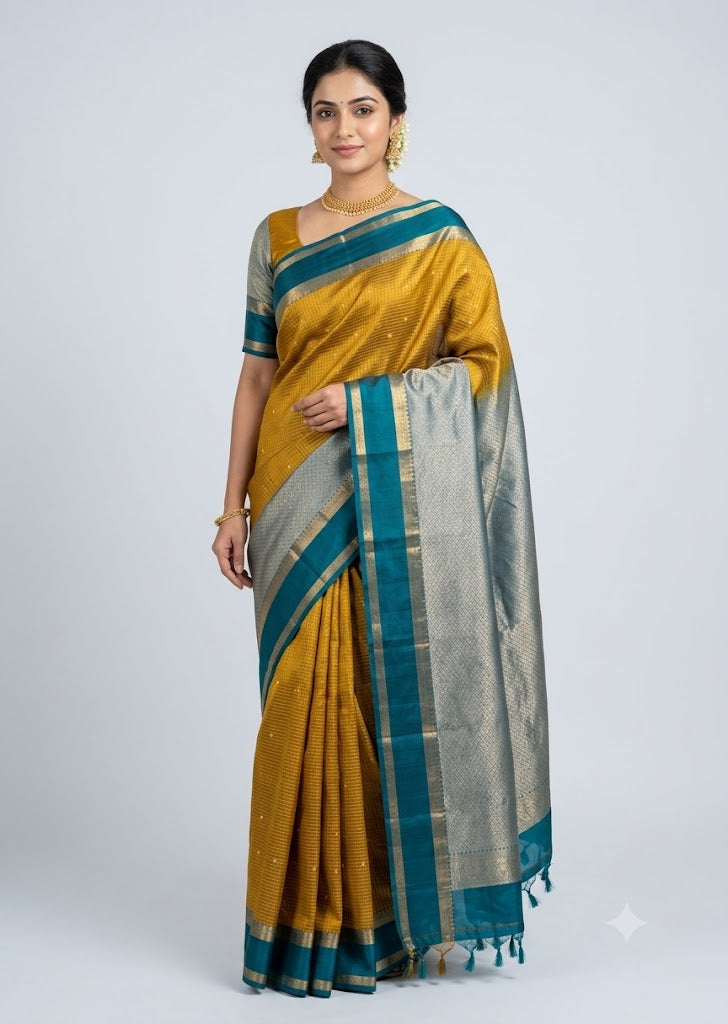 Model wearing a traditional mustard yellow and slate blue pure Kanchi silk saree with a peacock teal gold zari borde
