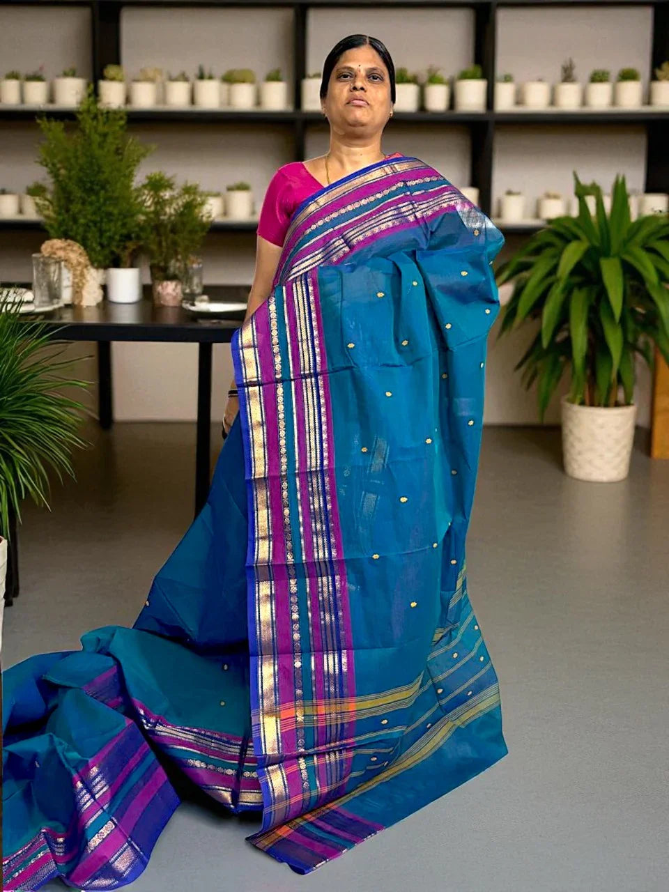 NARAYANPET COTTON SAREE BLUE BUTTI BODY BUTTA GANGA JAMUNA BORDER - pochampallysarees.com