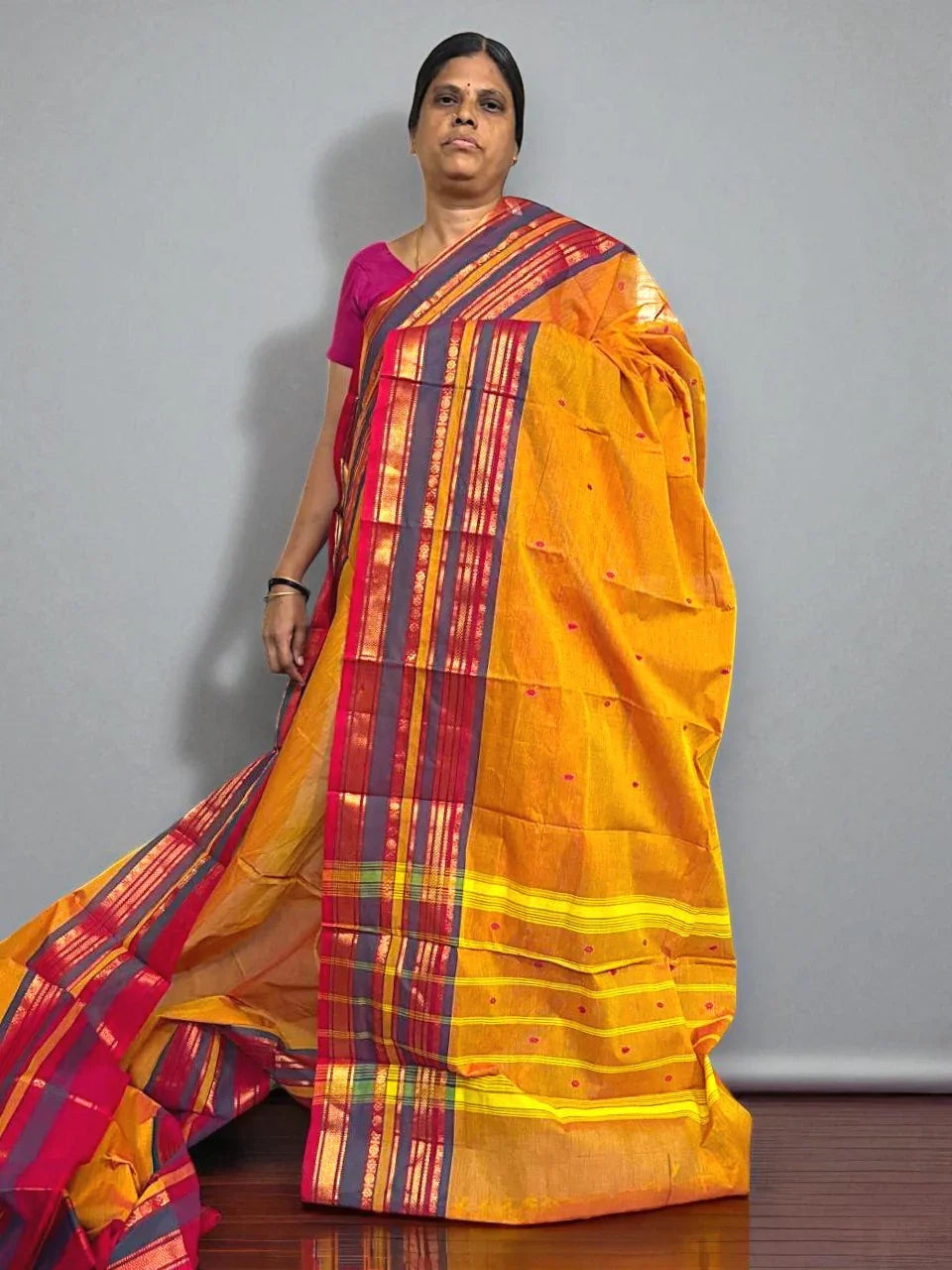 NARAYANPET COTTON SAREE YELLOW BUTTI BODY BUTTA GANGA JAMUNA BORDER - pochampallysarees.com