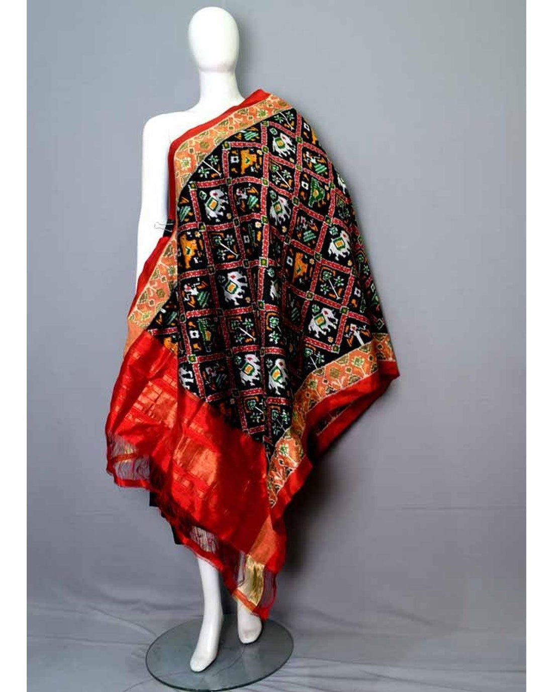 NARIKUNJ BLACK IKKAT POCHAMPALLY SILK DUPATTA - pochampallysarees.com