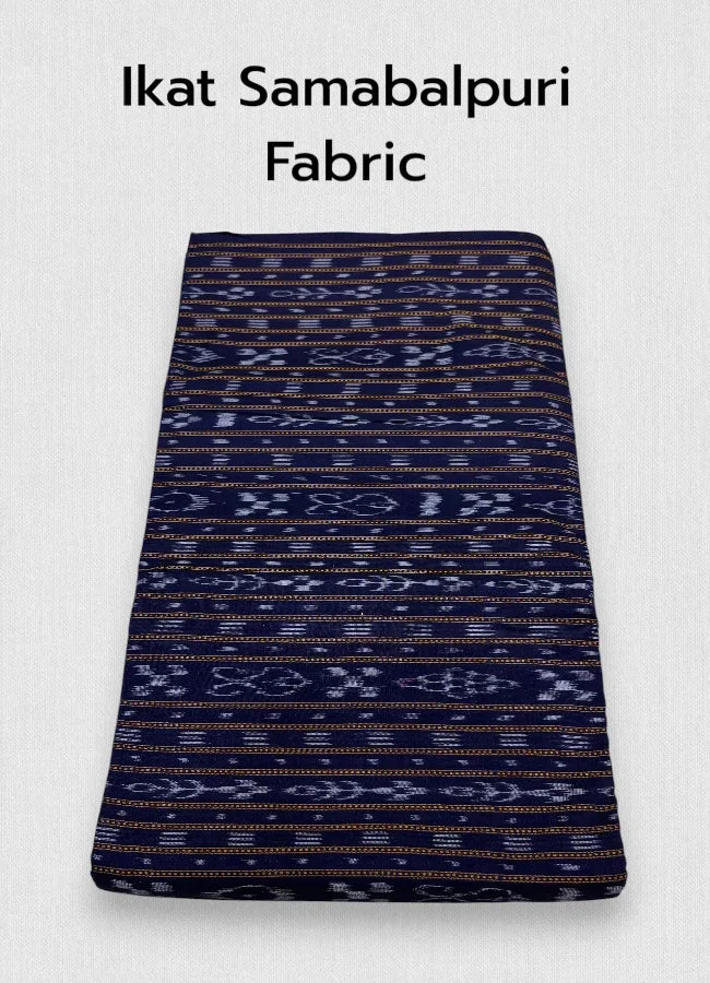 Navy Blue Sambalpuri Ikat Running Fabric with Traditional White Bandha Motifs and Odisha Handloom Weaving