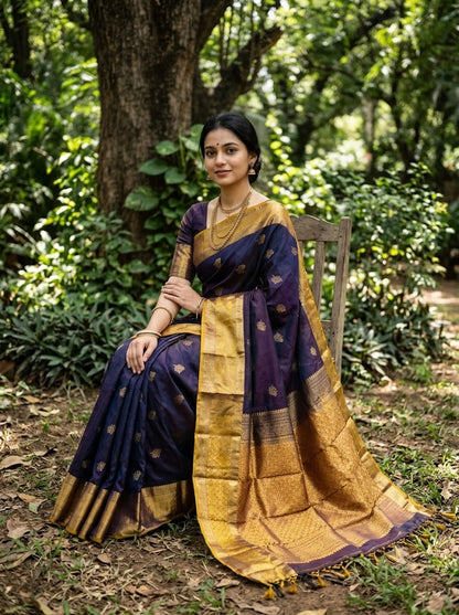 Young Indian woman seated outdoors wearing an elegant navy blue semi Dharmavaram silk saree with a rich gold zari border and heavy brocade pallu.