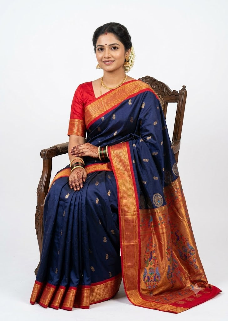 A person displaying a beautiful navy blue Semi Gadwal Paithani saree featuring small gold motifs, a vibrant red and gold zari border, and a rich gold pallu detailed with intricate, multi-colored peacock and floral designs.