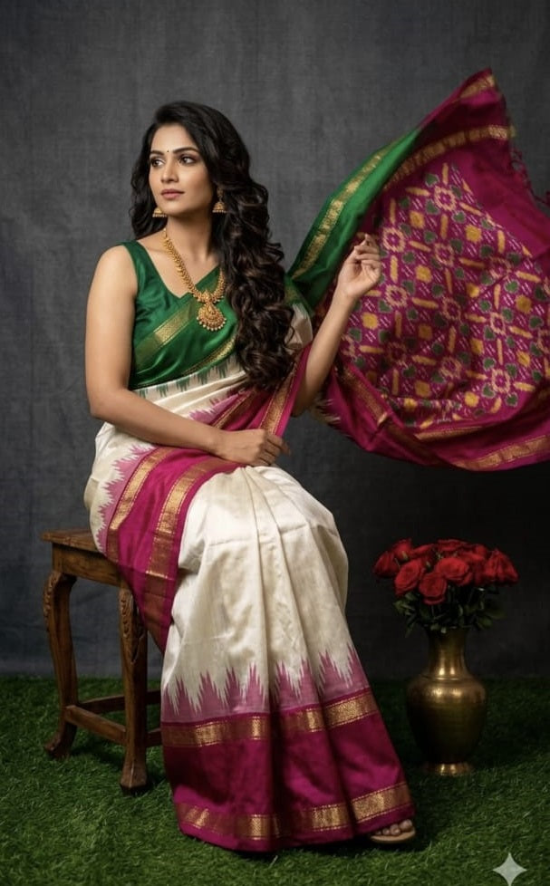 Indian woman seated wearing an off-white ikkat silk saree with a magenta pink temple border, green blouse, and traditional gold jewelry
