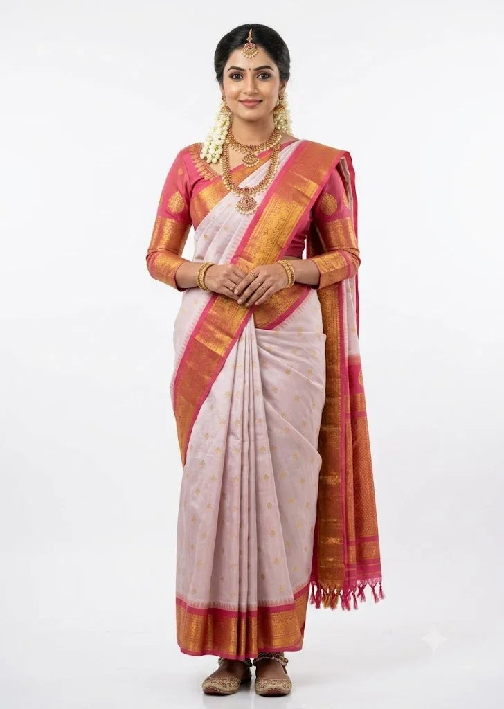 Full-length flat lay view of a traditional off-white pure silk saree displaying a rich pink gold zari border and detailed paisley pallu.