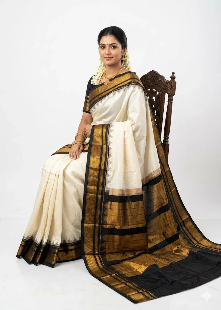 Traditional Indian woman sitting on a carved wooden chair, wearing an elegant off-white pure Gadwal silk saree featuring a contrasting black border and pallu with intricate gold zari temple motifs.