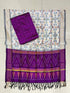 Off-white and deep purple Pochampally Ikat silk unstitched dress material set featuring handwoven geometric lattice motifs, a detailed diamond and temple border, and black tassels.