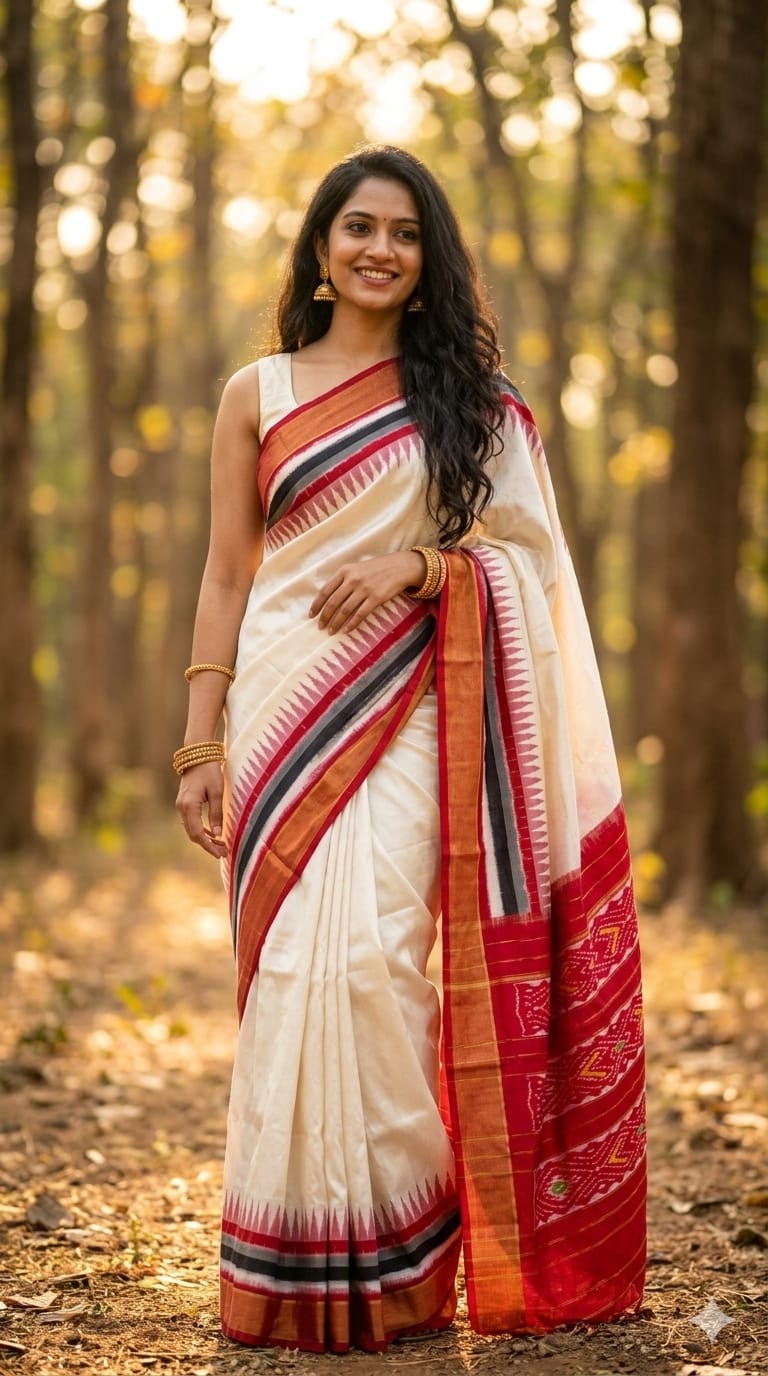 Indian woman posing outdoors in an off-white handloom silk saree with red and black temple border and gold jhumka earrings
