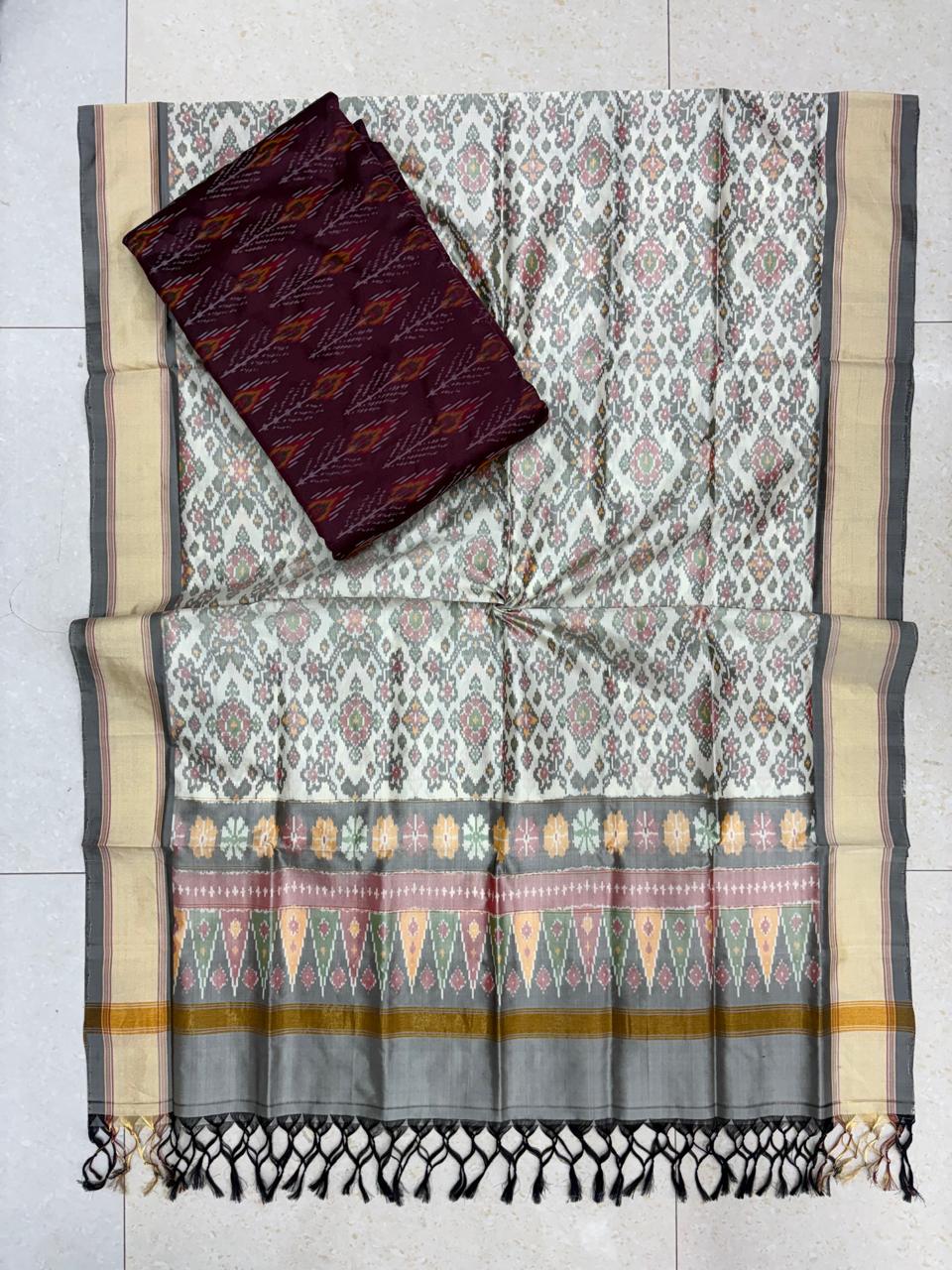  Handloom off-white pure Pochampally Ikat silk saree with geometric weave pallu and contrast wine maroon blouse piece