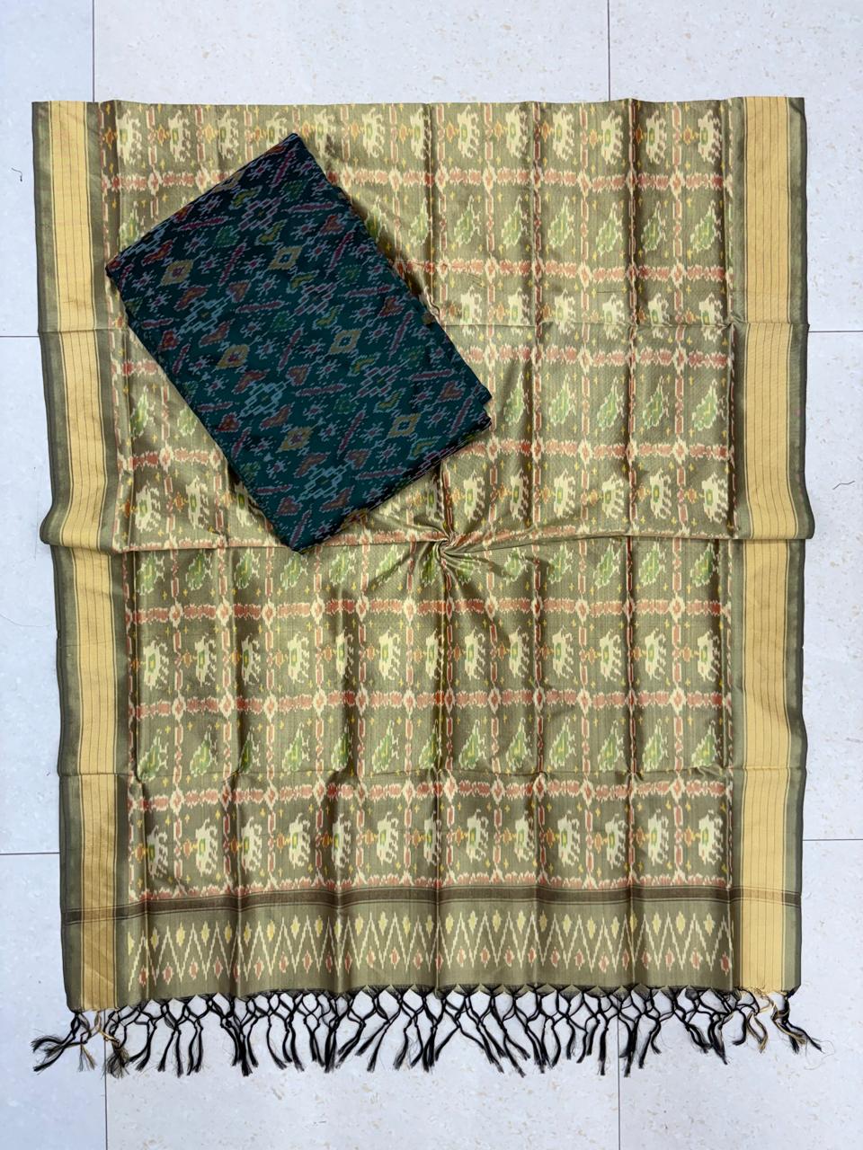 Handloom olive beige pure Pochampally Ikat silk saree with contrast dark green geometric pallu and blouse fabric