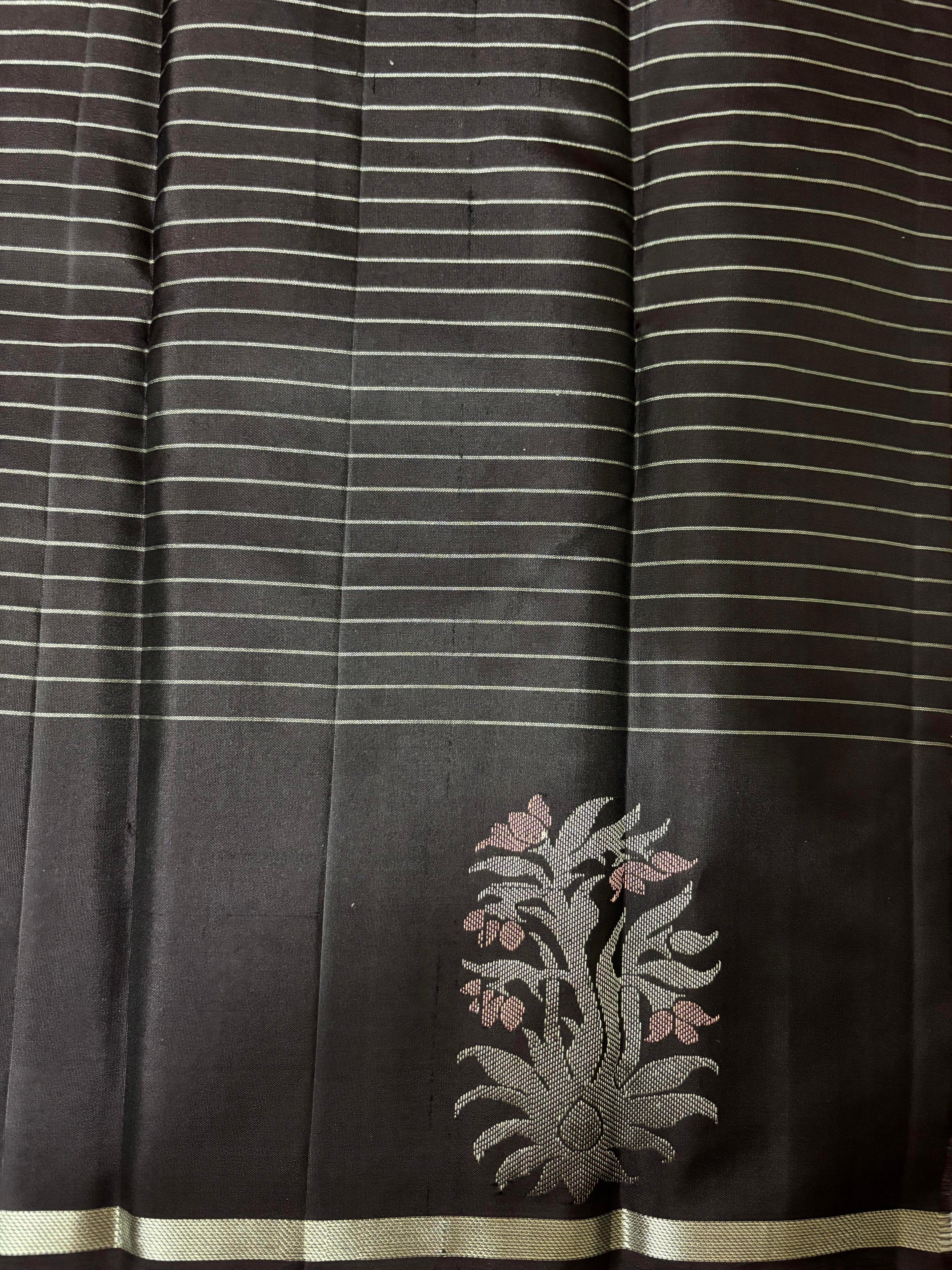 Olive Green Black Designer Kanchi Pure Soft Silk Saree - pochampallysarees.com
