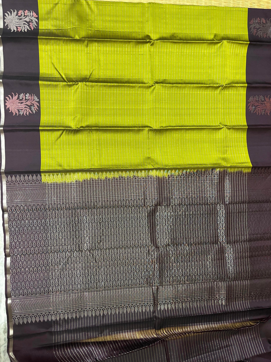 Olive Green Black Designer Kanchi Pure Soft Silk Saree - pochampallysarees.com