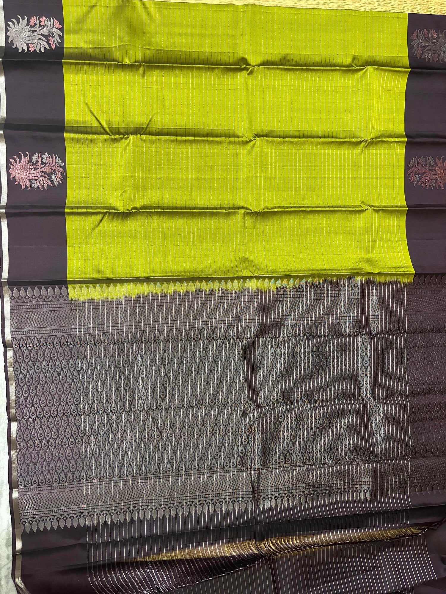 Olive Green Black Designer Kanchi Pure Soft Silk Saree - pochampallysarees.com