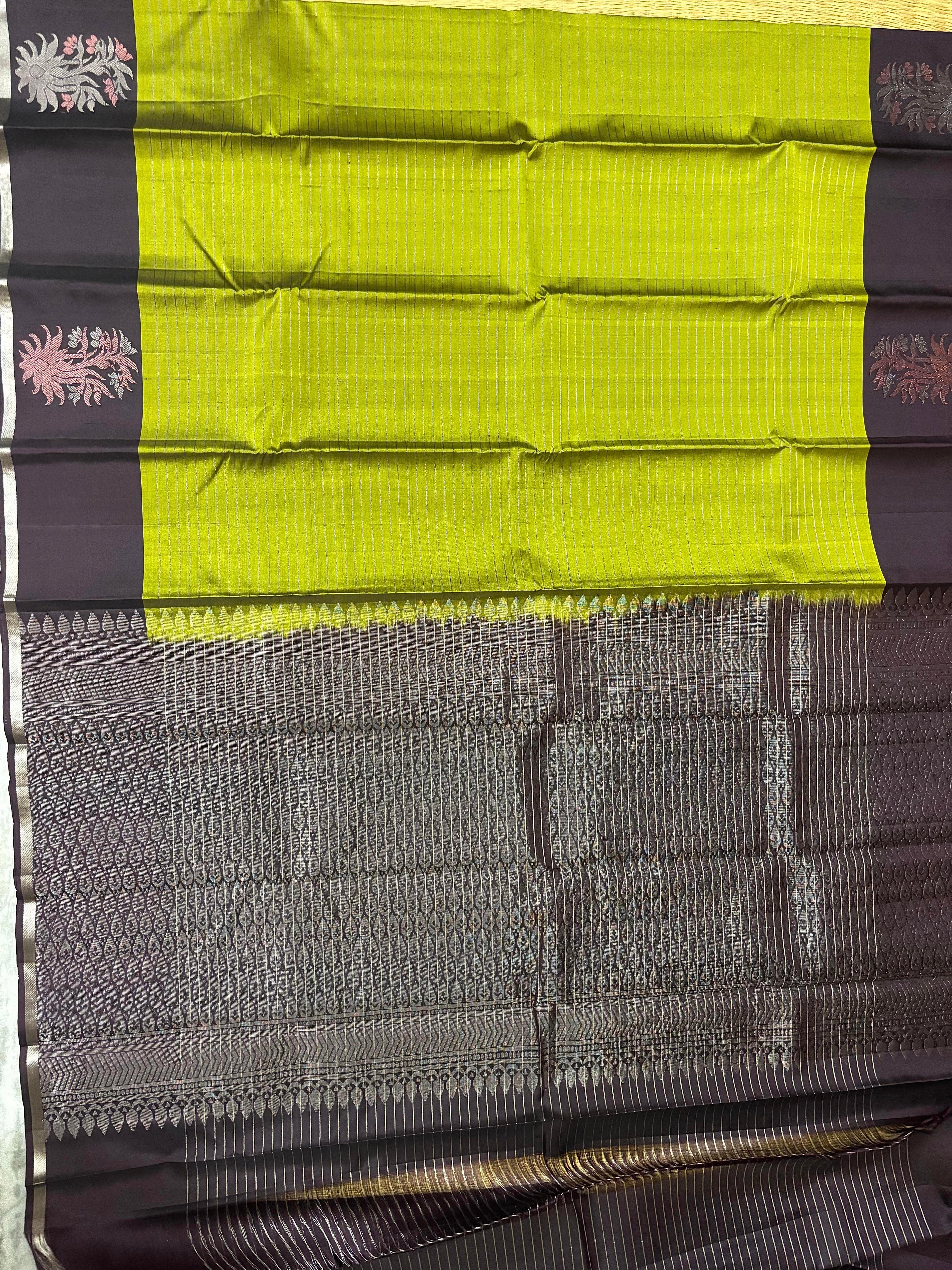 Olive Green Black Designer Kanchi Pure Soft Silk Saree - pochampallysarees.com