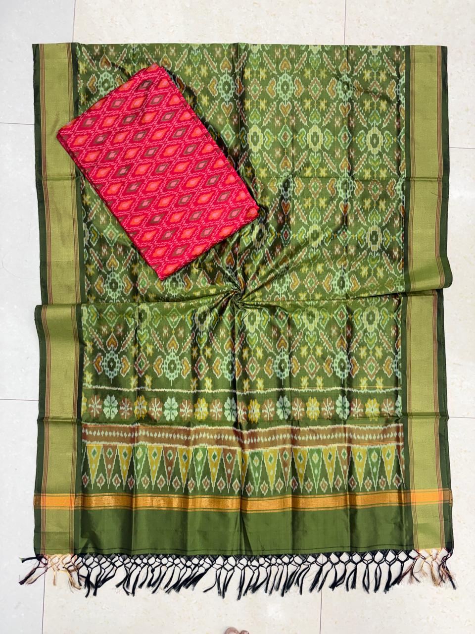 Handloom olive green pure Pochampally Ikat silk saree with geometric weave pallu and contrast coral red blouse piece