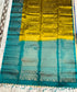 Mustard olive green Kanchipuram soft silk saree with intricate peacock teal zari pallu and Silk Mark certification