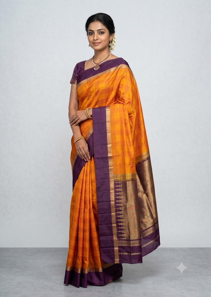 A flat-lay view of a traditional orange and purple silk saree, displaying its distinct checkered pattern body, purple borders with temple design, and a gold zari pallu featuring a prominent horse motif, laid on a textured surface.
