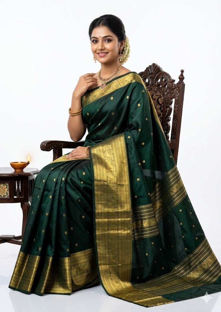 Full view of an original dark green Kanchipuram pattu saree featuring gold zari buttas and a traditional thick gold border.