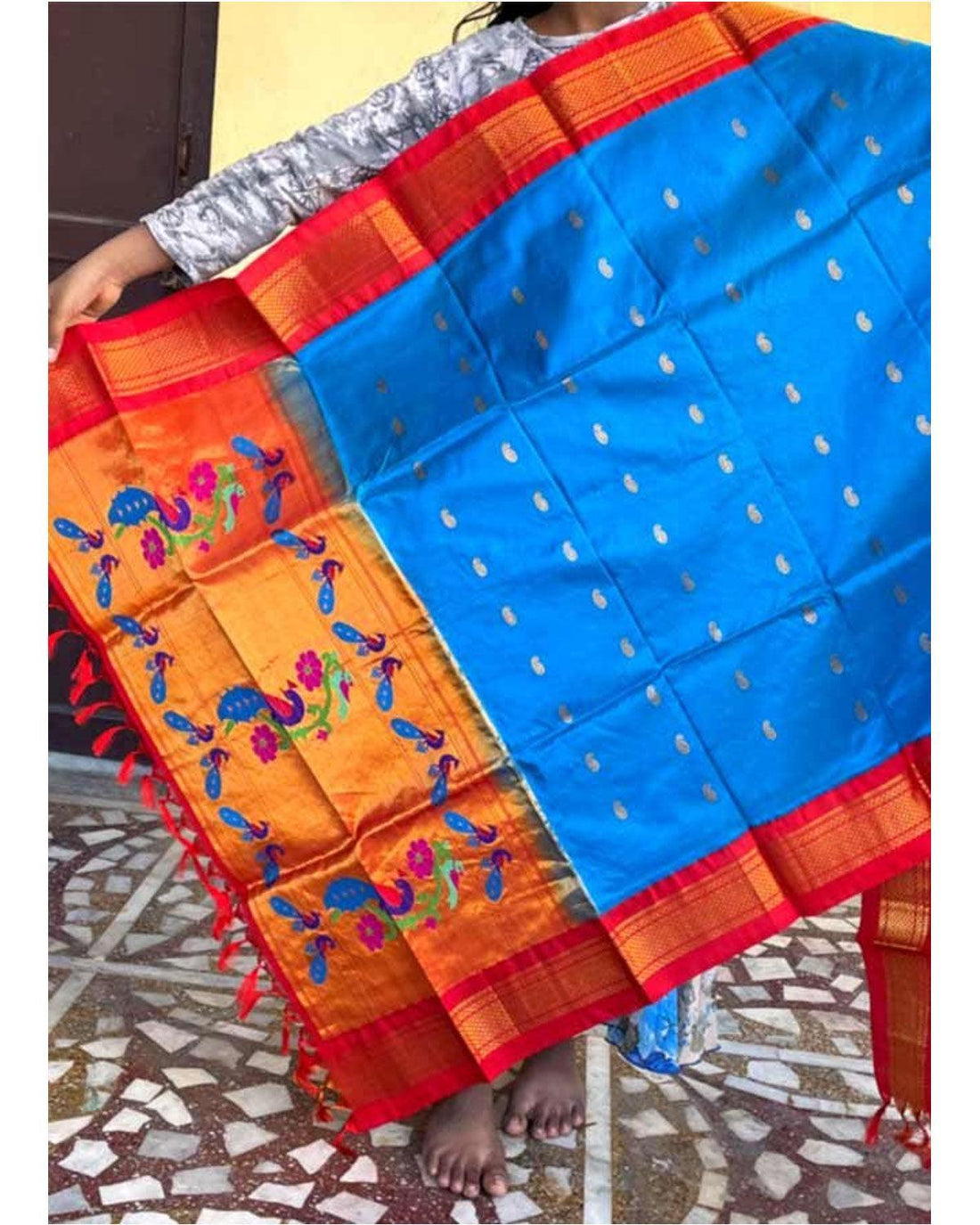 PAITHANI SILK ANANANDA BLUE WITH RED COLOR DUPATTA -PSD15 - pochampallysarees.com