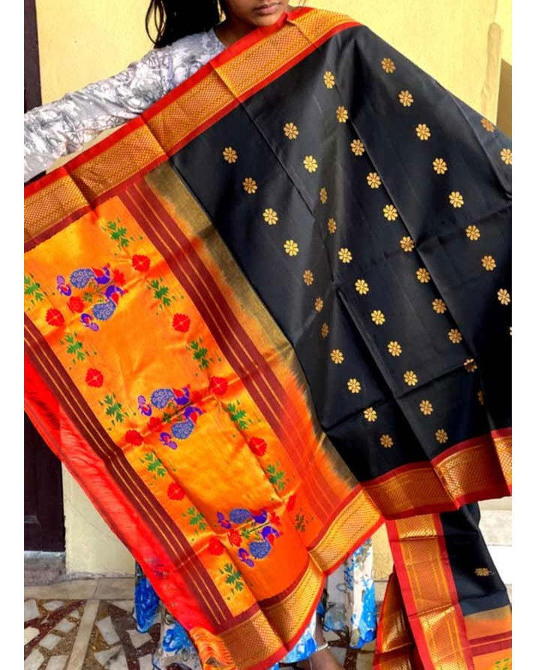 PAITHANI SILK BLACK WITH RED COLOR DUPATTA-20/1 - pochampallysarees.com