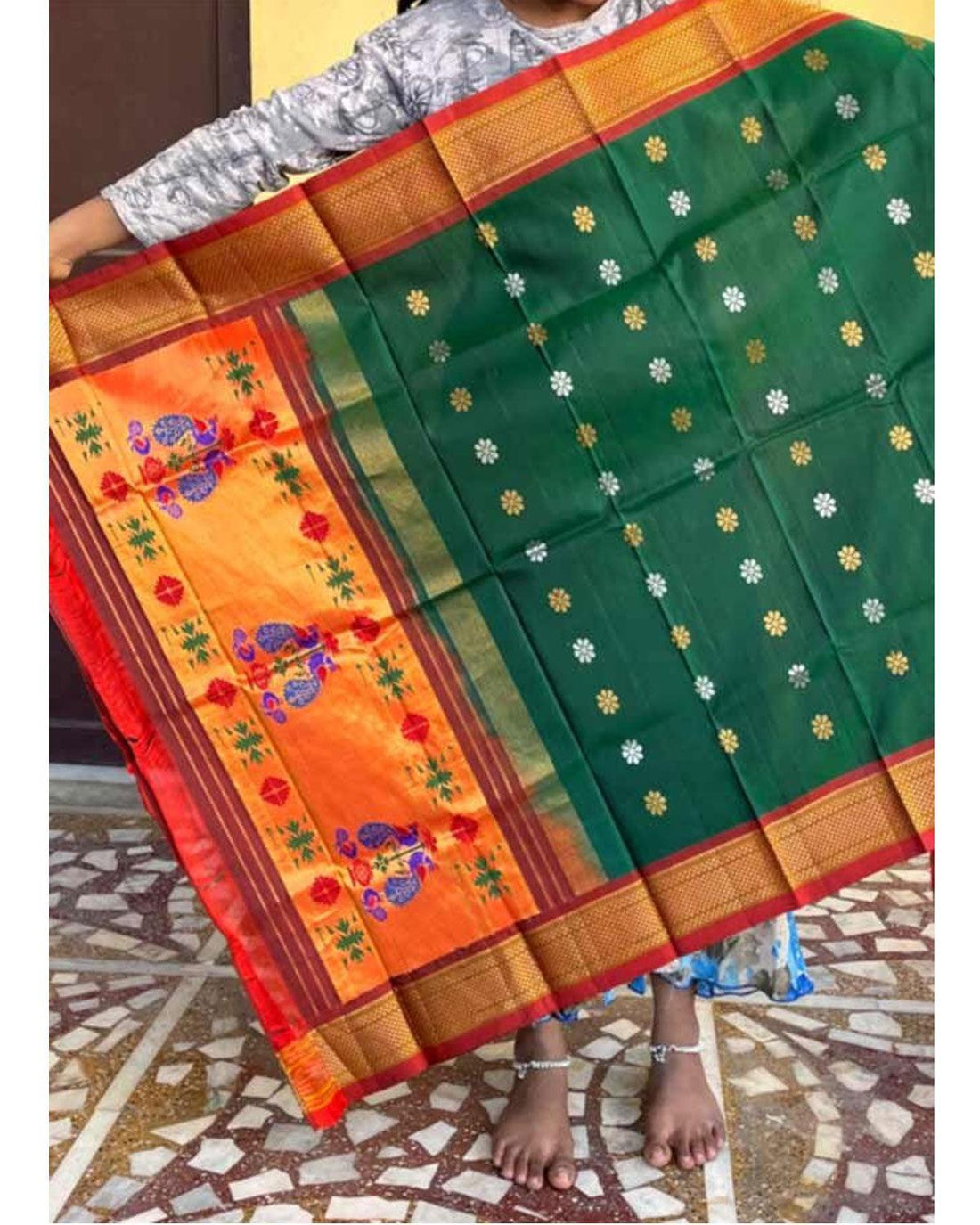 PAITHANI SILK GREEN WITH RED COLOR DUPATTA-PSD-18 - pochampallysarees.com