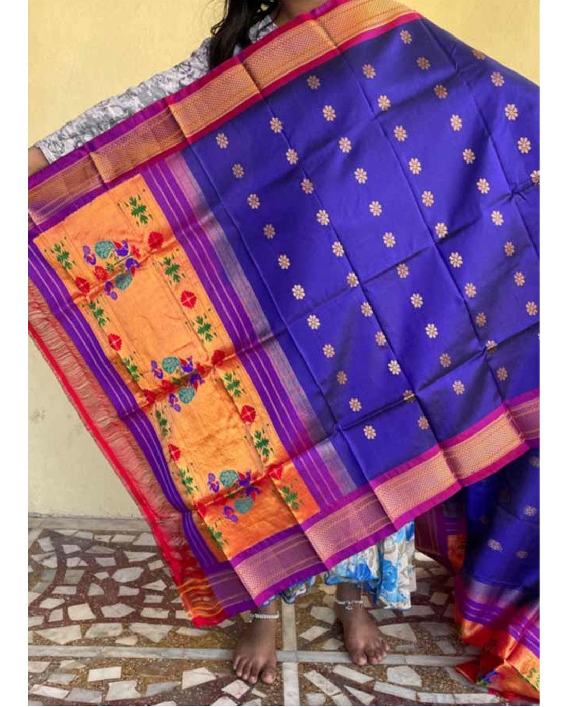 PAITHANI SILK NAVY BLUE WITH RED COLOR DUPATTA-PSD19 - pochampallysarees.com