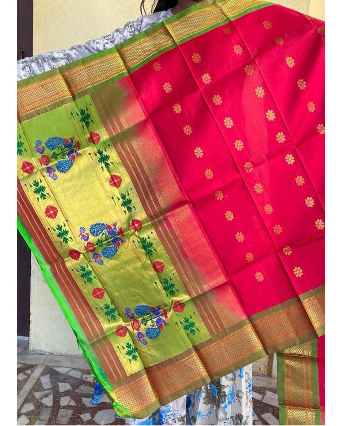 PAITHANI SILK RED WITH GREEN COLOR DUPTTA-PSD50 - pochampallysarees.com