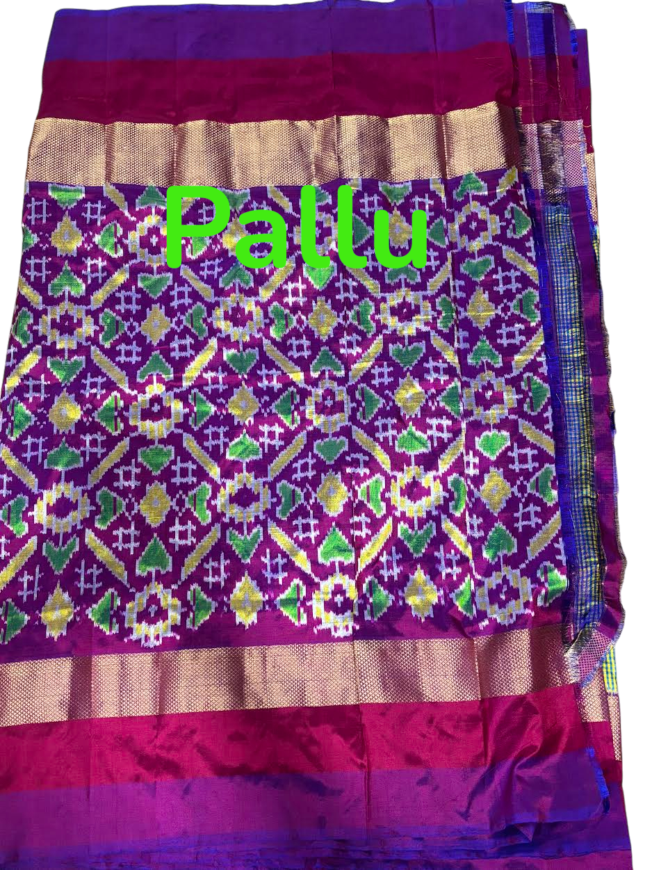 POCHAMPALLY IKKAT SILK BODY GREEN AND YELLOW CHECKS BORDER PURPLE AND PALLU AND BLOUSE IKKAT DESIGN PURPLE SARI
