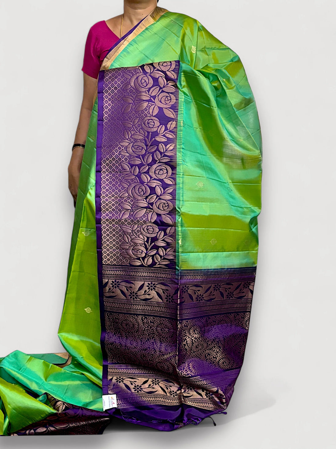 Parrot Green Lavender Color Designer Kanchi Pure Soft Silk Saree - pochampallysarees.com