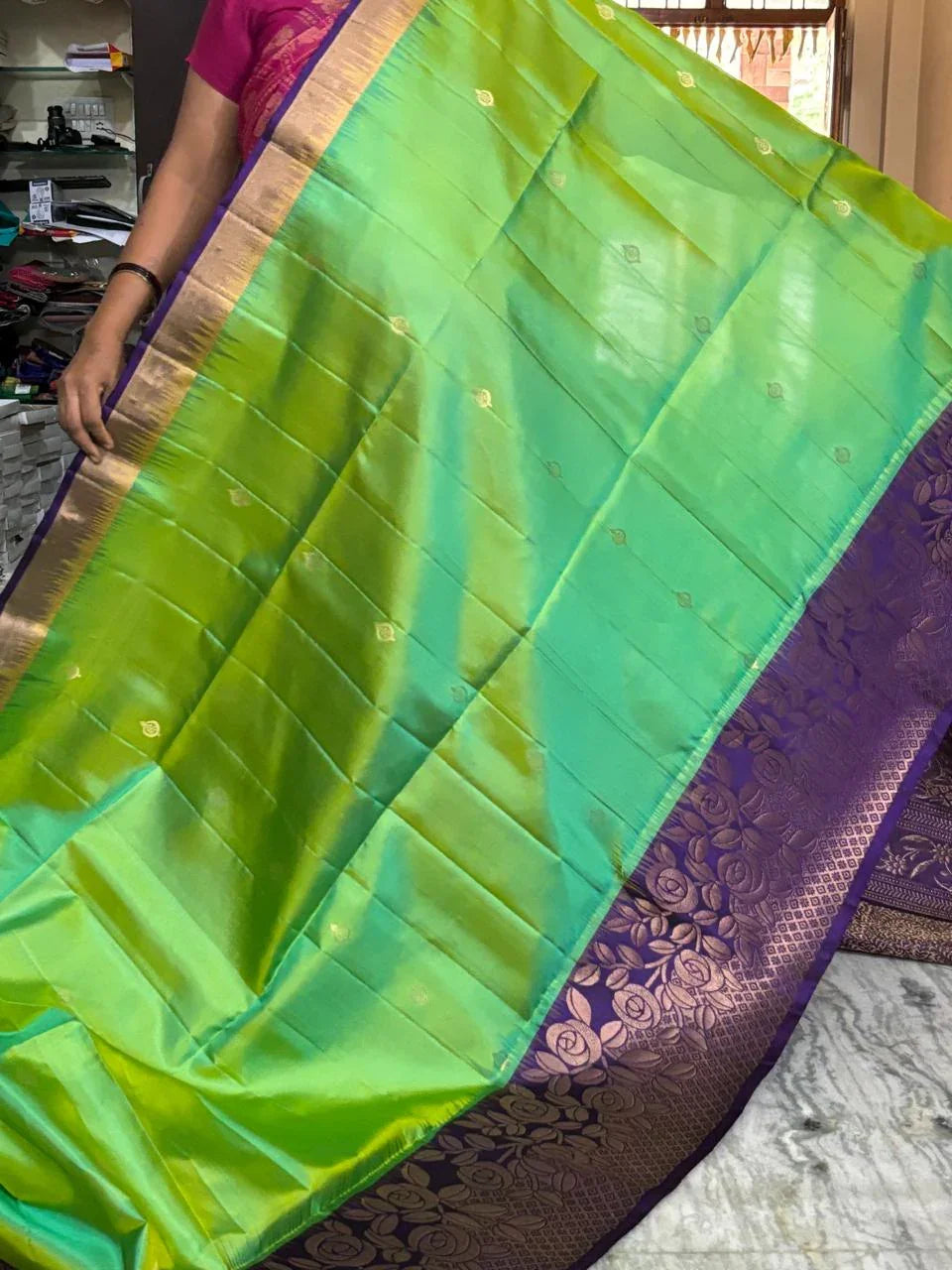 Parrot Green Lavender Color Designer Kanchi Pure Soft Silk Saree - pochampallysarees.com