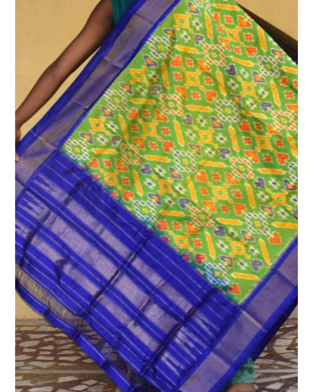PARROT GREEN WITH BLUE COLOR IKAT SILK DUPATTA - pochampallysarees.com
